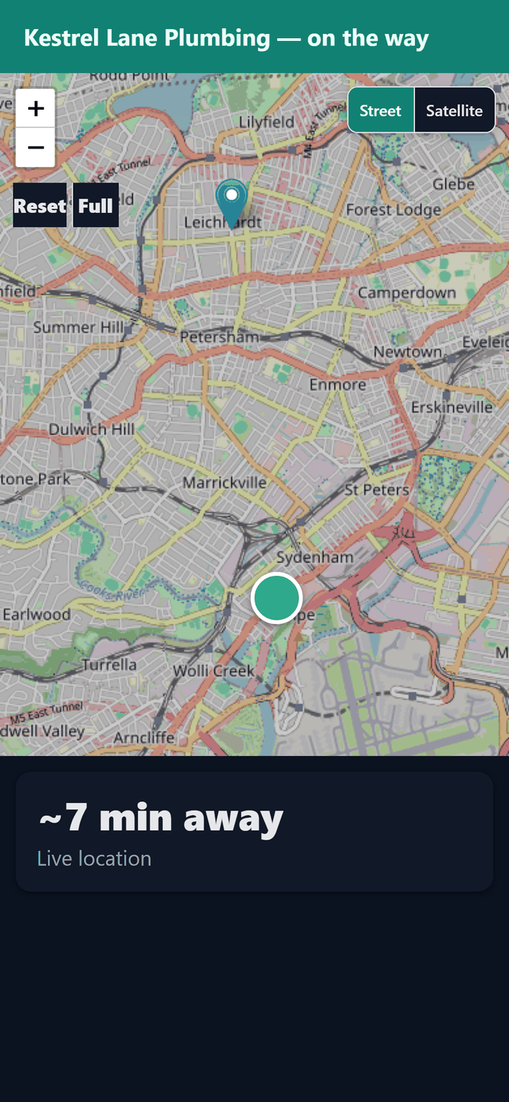 Customer tracking page on a phone: Kestrel Lane Plumbing on the way, a street map with the worker's live position and the job address, and an estimate of about 7 minutes away