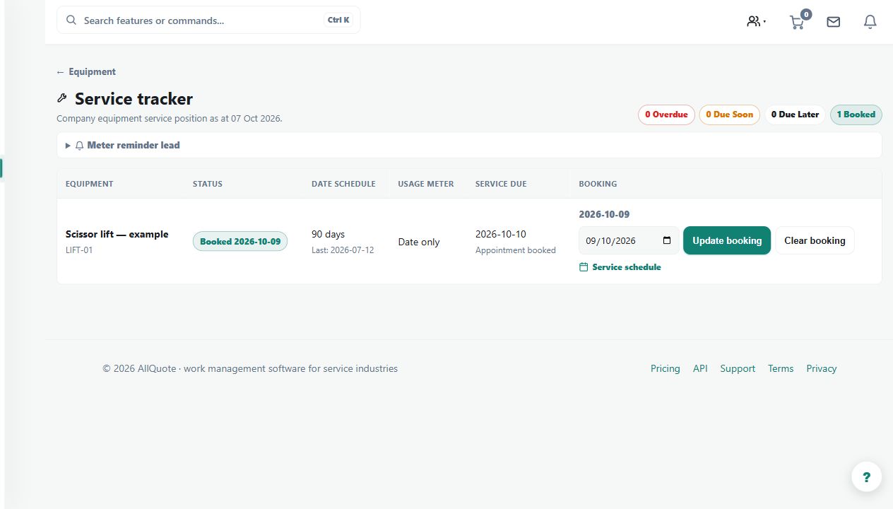 Existing guide capture showing a sample service due date separately from its booking date