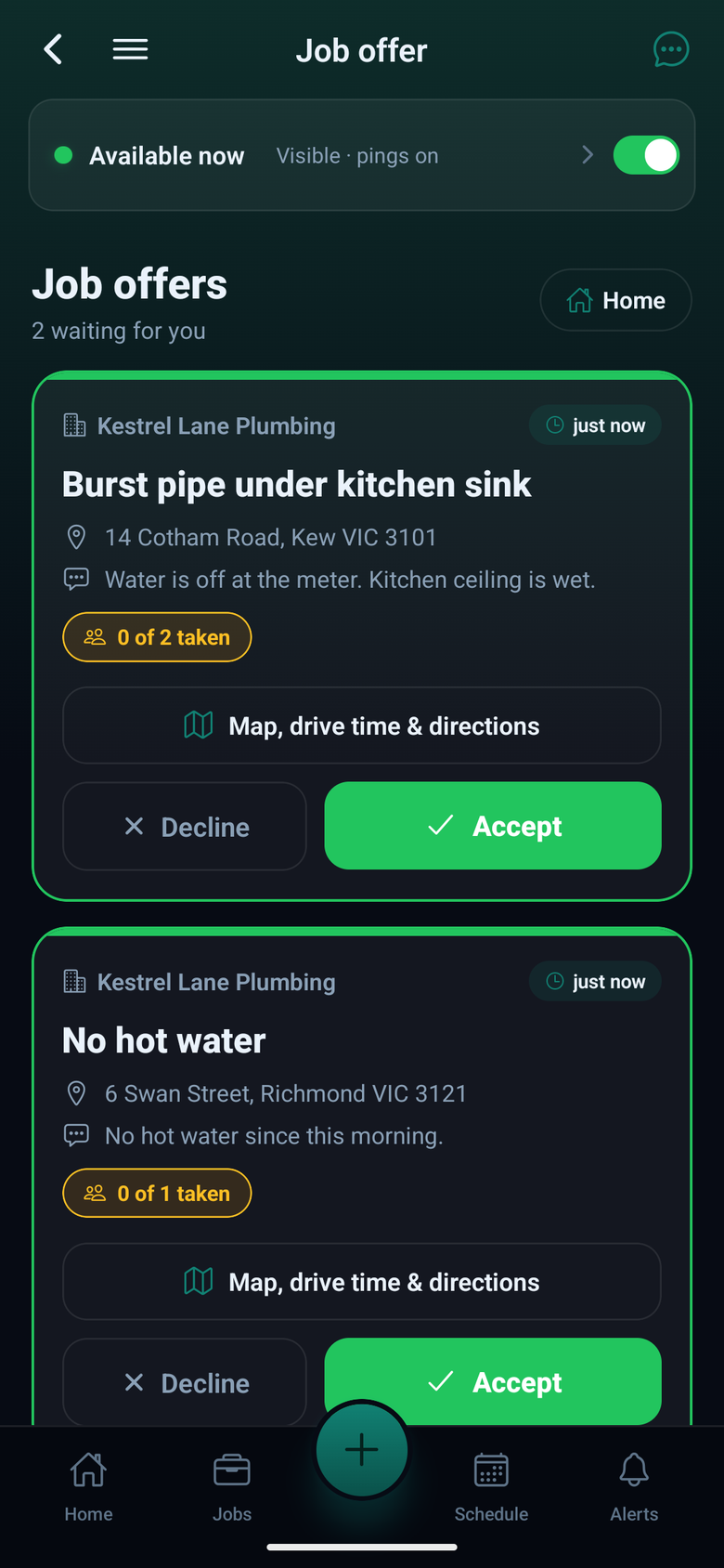 AllQuote app, Job offers for a Kestrel Lane Plumbing crew member: Burst pipe under kitchen sink and No hot water, each with the address, a note, how many places are taken, and Decline and Accept buttons