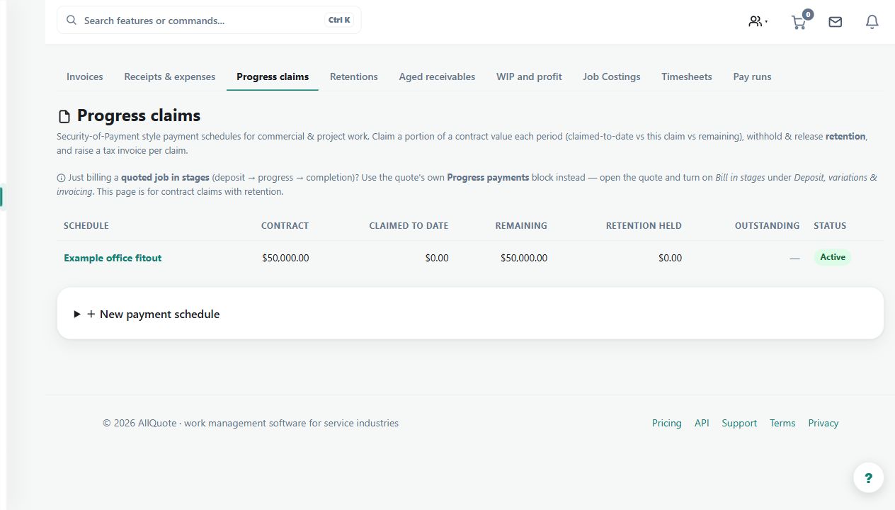 Existing guide capture of a demonstration progress-claim schedule