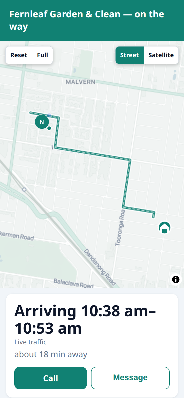 Customer tracking page on a phone: Fernleaf Garden & Clean on the way, a street map with a teal route to the house pin and an arrival window of 10:38 am to 10:53 am