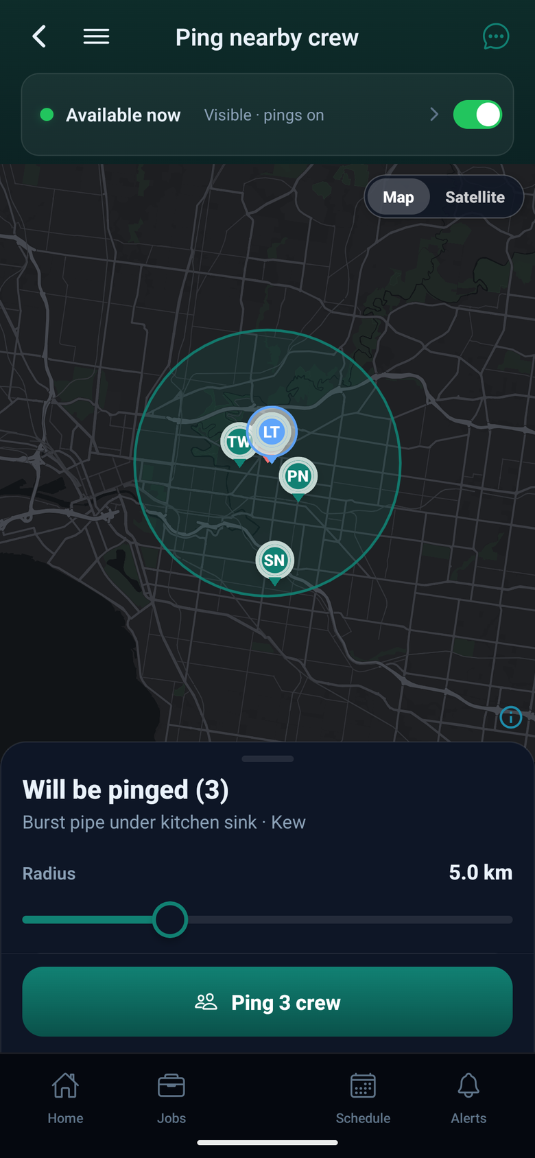 AllQuote app, Ping nearby crew: a live crew map with a teal radius ring around a Kew call-out, crew pins inside the ring, and a sheet reading Will be pinged (3) with a radius slider