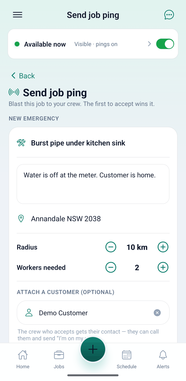 AllQuote app Send job ping screen: a new emergency titled Burst pipe under kitchen sink with a note, address, a 10 km radius, 2 workers needed and a customer attached