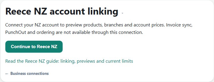 The NZ account-linking screen is shown before connecting an example business, with linking and read previews enabled locally. Continue to Reece NZ was not pressed: no supplier consent, linked account, prices or order are shown. Available capabilities depend on the current NZ switches.