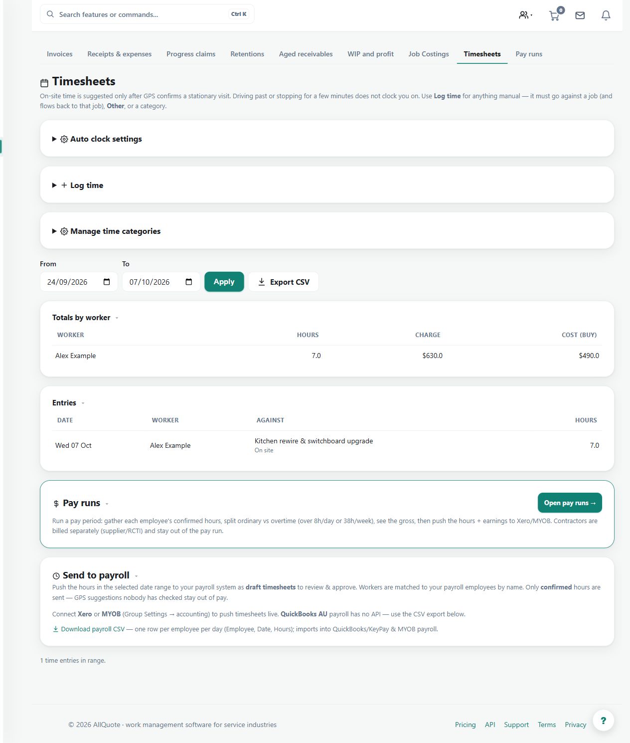 The timesheet review screen is the starting point for inspecting time and discrepancies. These are seeded job hours, not proof that a geofence generated or approved a GPS suggestion.