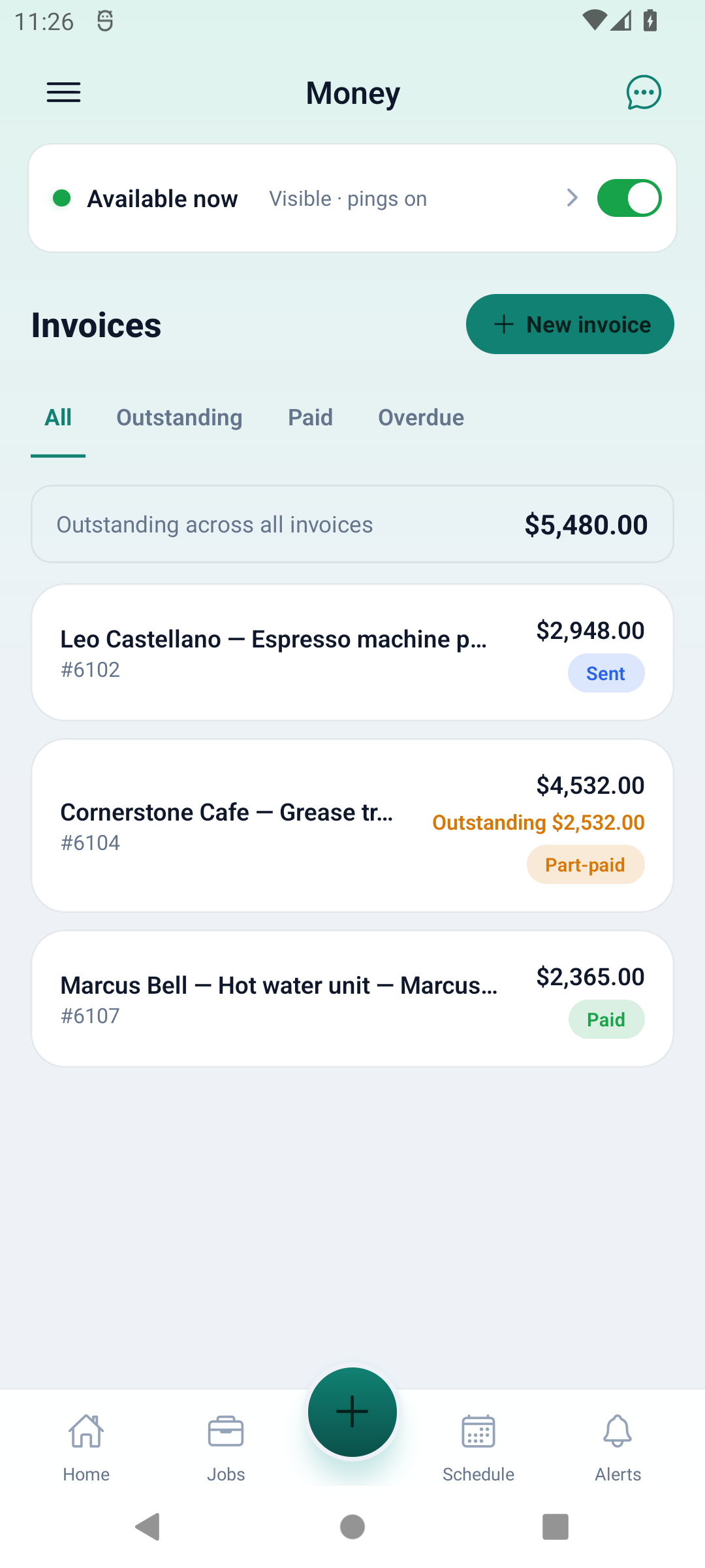 Android Money screen showing the Invoices list, All, Outstanding, Paid and Overdue filters, and fictional invoice amounts and statuses.