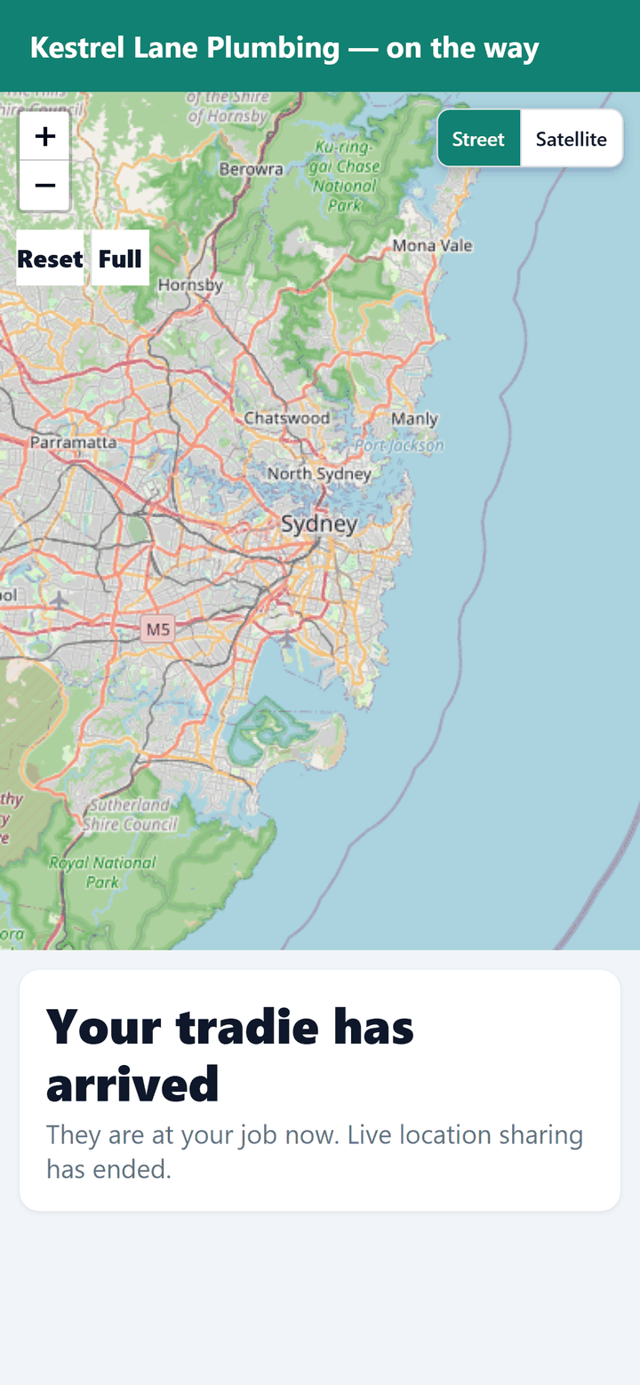 The same customer tracking page after arrival, reading Your tradie has arrived and confirming live location sharing has ended