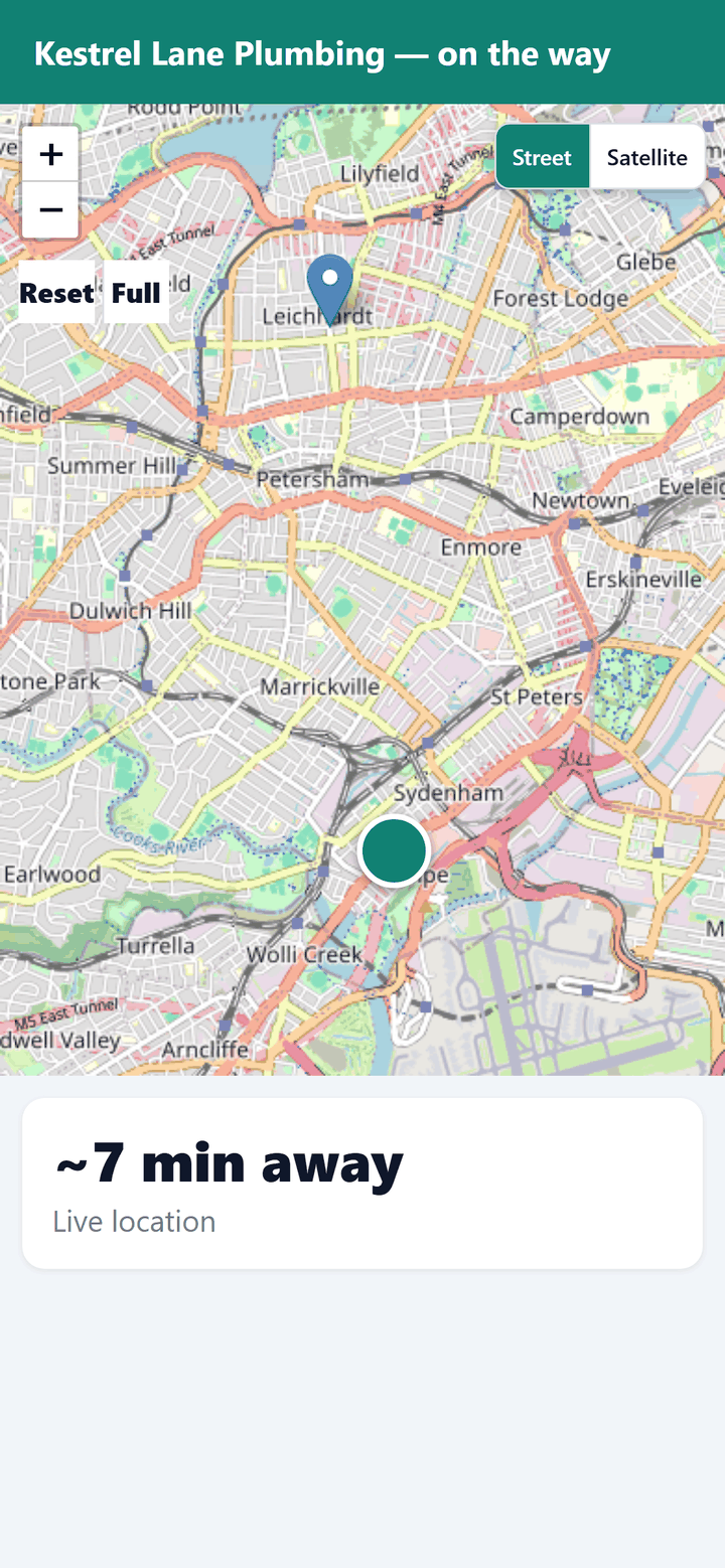 Customer tracking page on a phone: Kestrel Lane Plumbing on the way, a street map with the worker's live position and the job address, and an estimate of about 7 minutes away