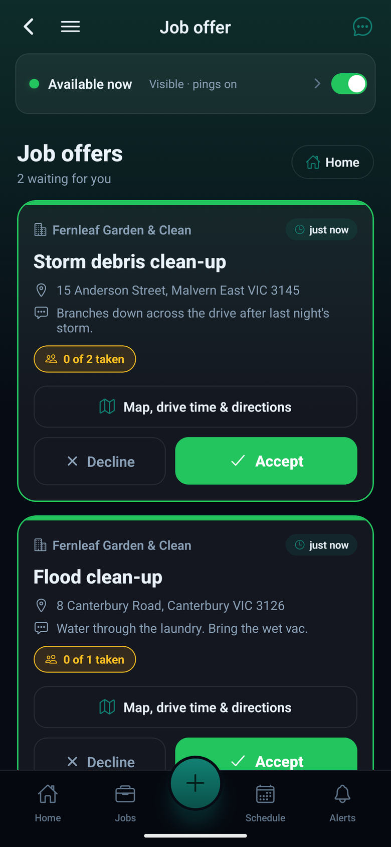 AllQuote app, Job offers: Storm debris clean-up and Flood clean-up from Fernleaf Garden & Clean, each with the address, a note, how many places are taken, and Decline and Accept buttons