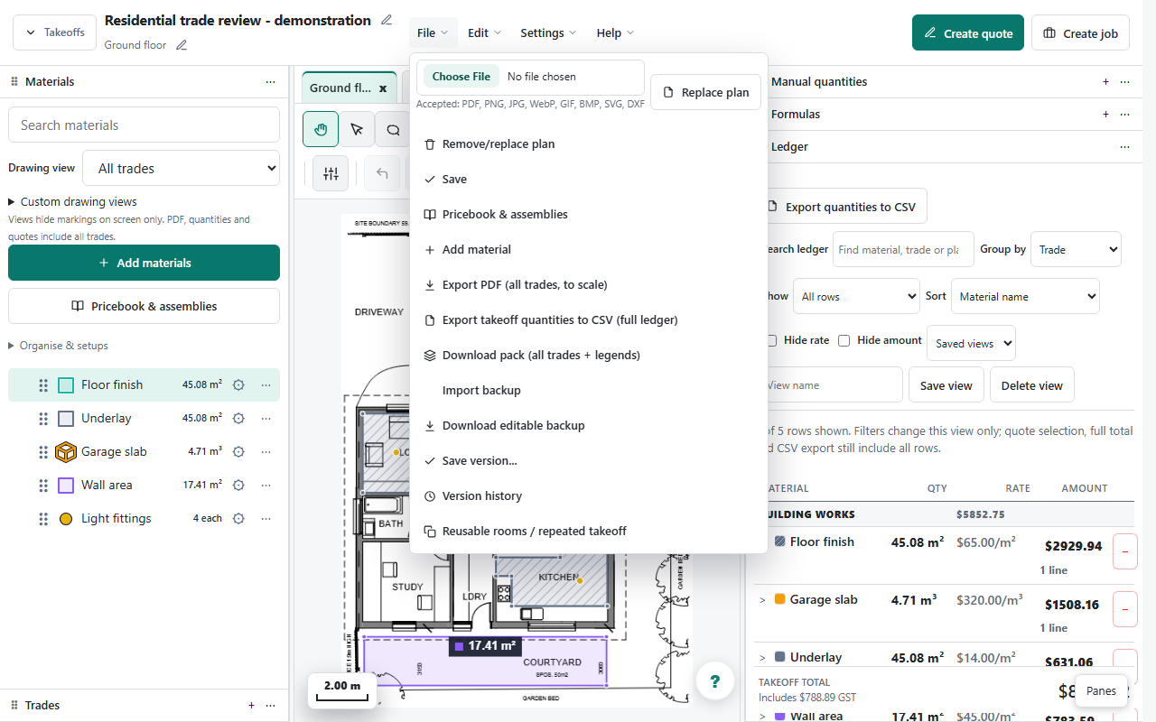 Takeoff export menu showing quantity CSV, Download pack and marked-up PDF choices